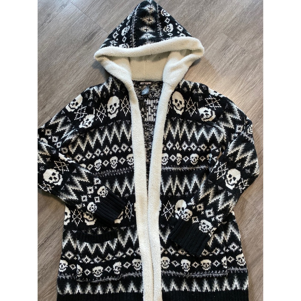 Hot Topic Skull Fair Isle Sherpa Lined Hooded Cardigan Black White Medium‎ Long